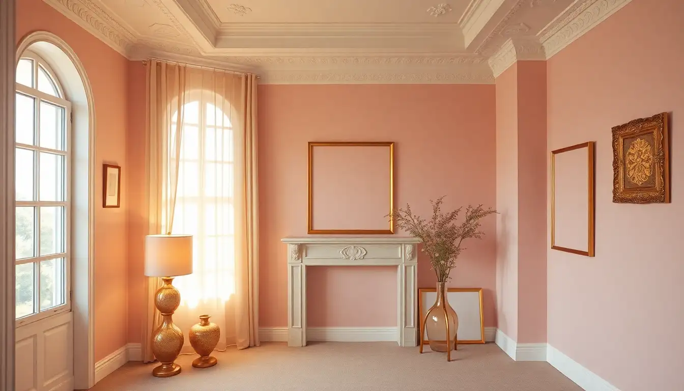 Room with rose gold accents on lamps and frames against pink walls.