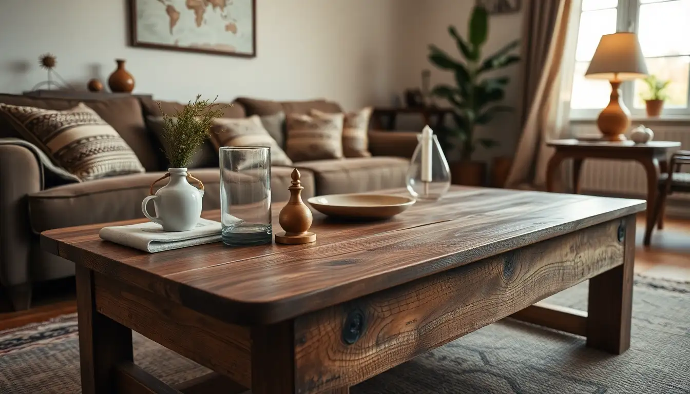Rustic wooden coffee table with vintage decor, cozy vintage room aesthetic