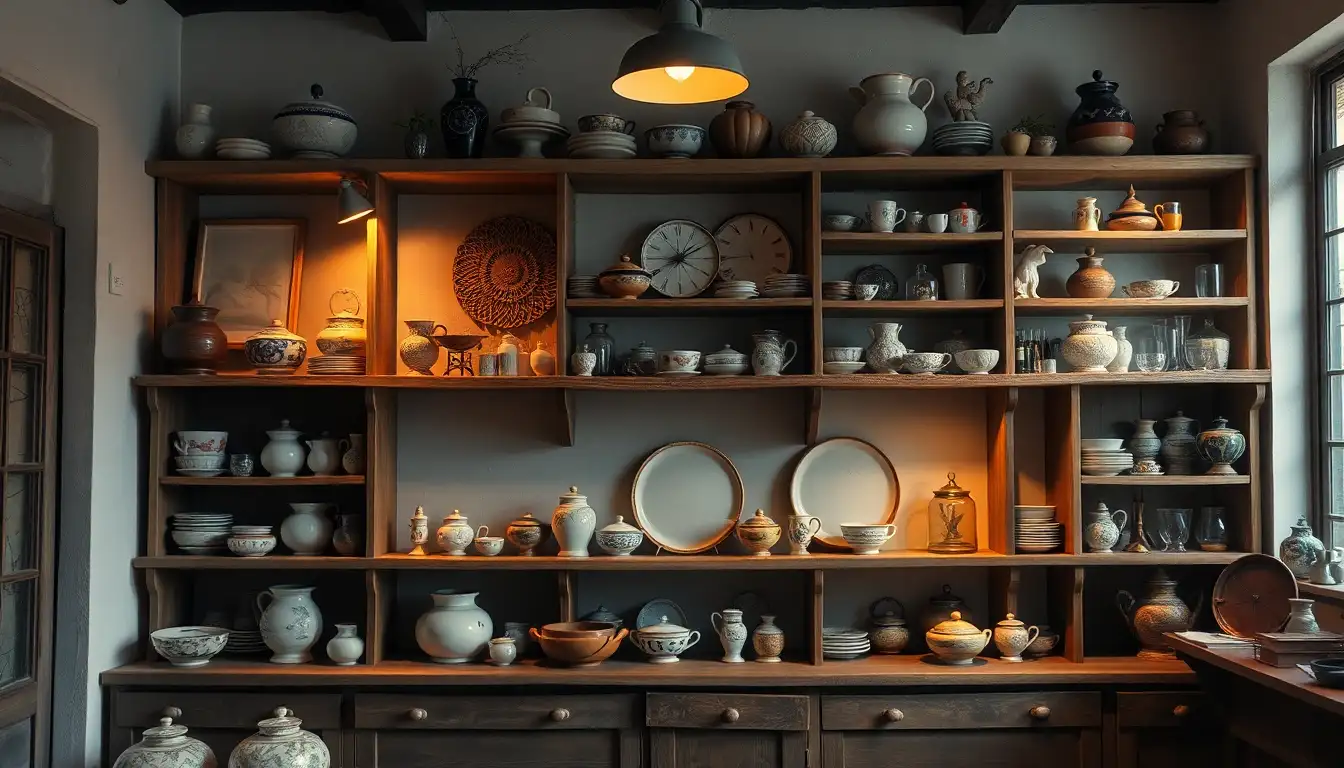 Rustic wooden shelves with vintage decor