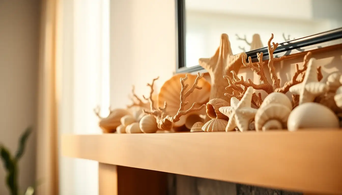 Seashell and coral decorations on a wood mantel