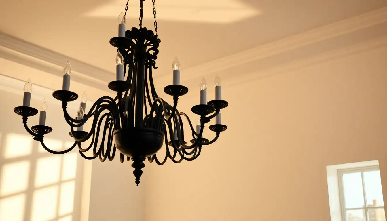 Statement black chandelier in a monochrome room