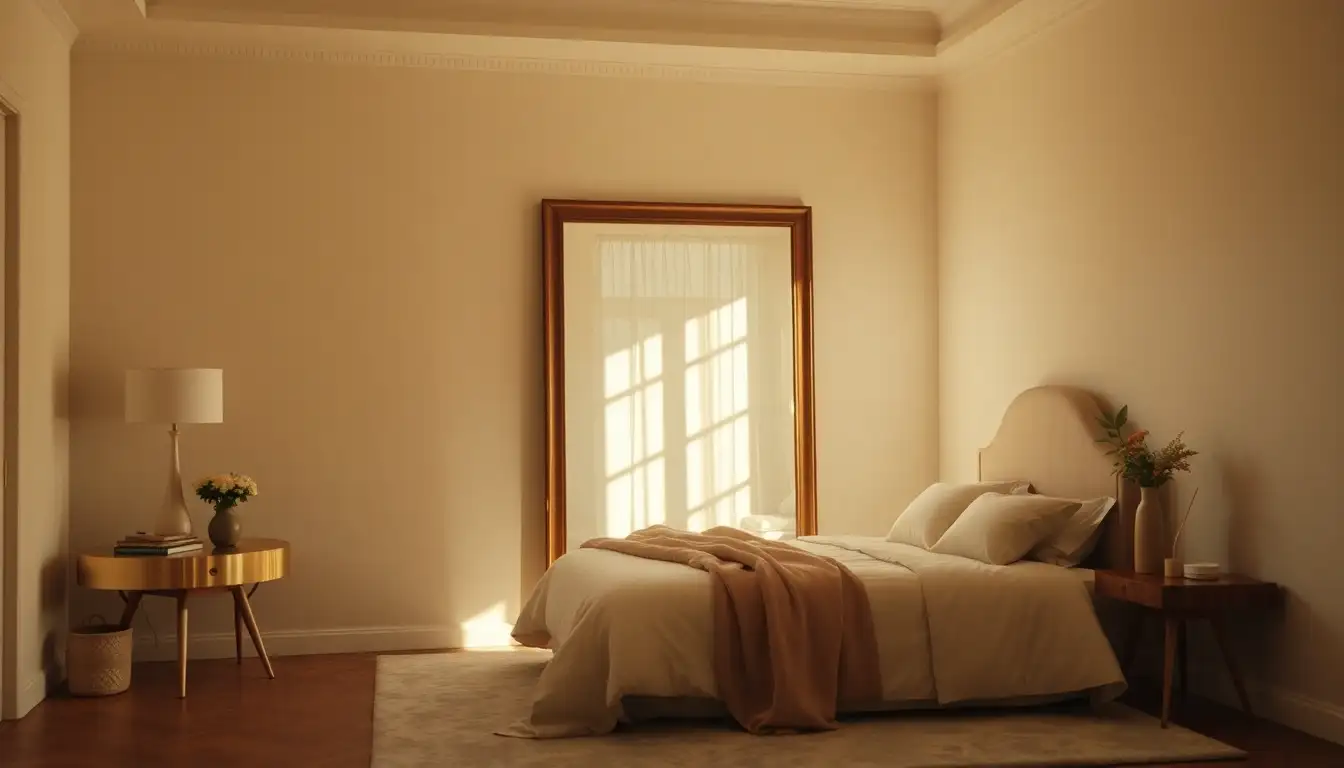Statement mirror reflecting daylight in chic bedroom decor
