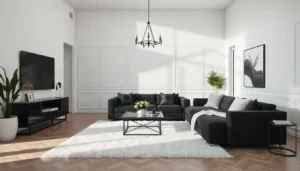Styled black and white living room with luxurious textures