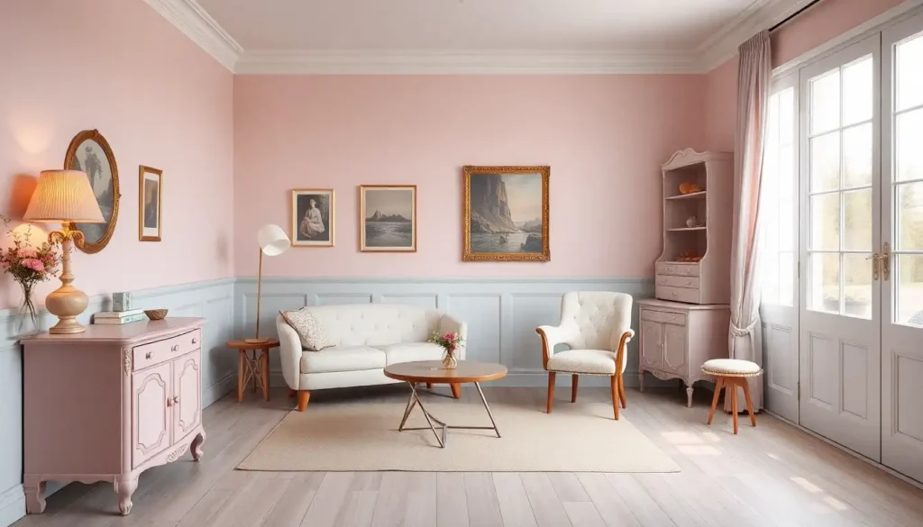 Stylish coquette room with vintage furniture and pastel palette