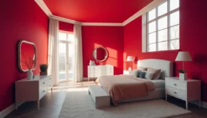 Stylish red bedroom with red walls and white furniture, sunlight streaming through windows