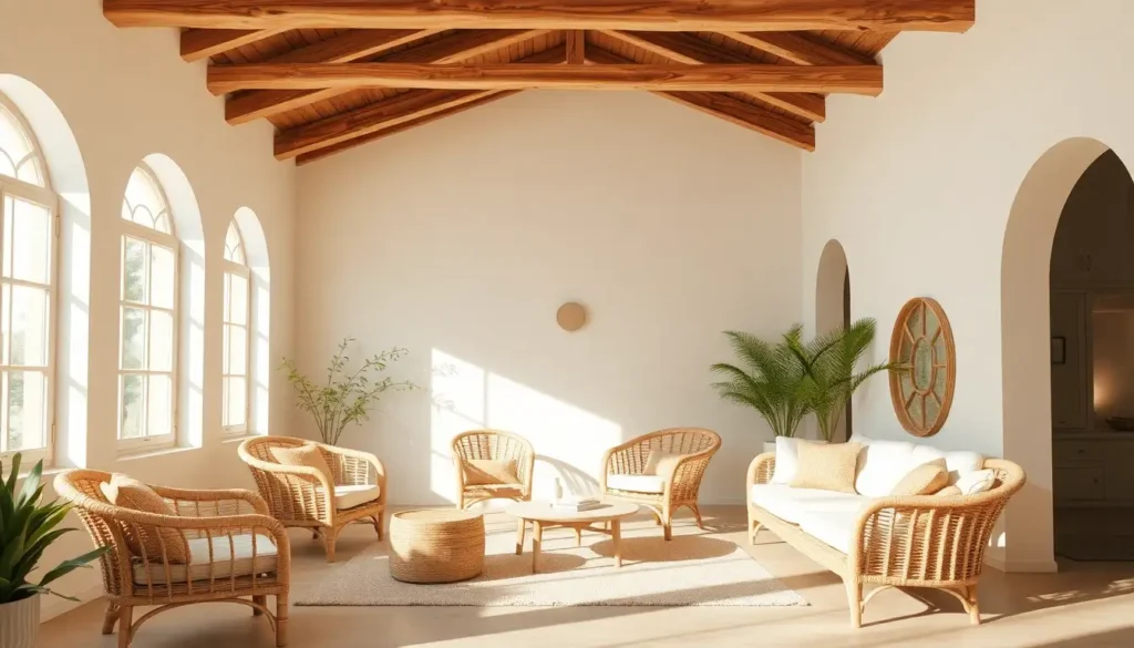 Sunlit cottage core room with rattan furniture and pastel walls