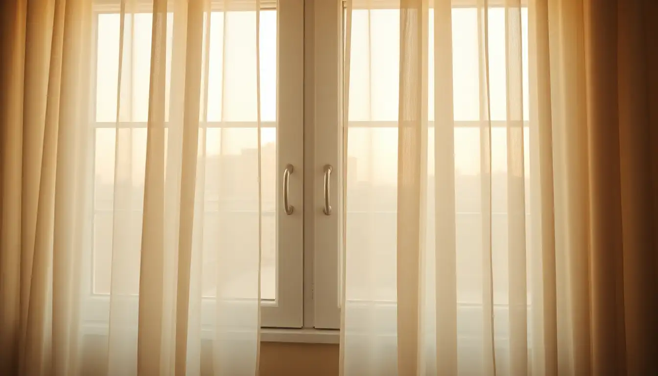 Translucent curtains filtering warm light