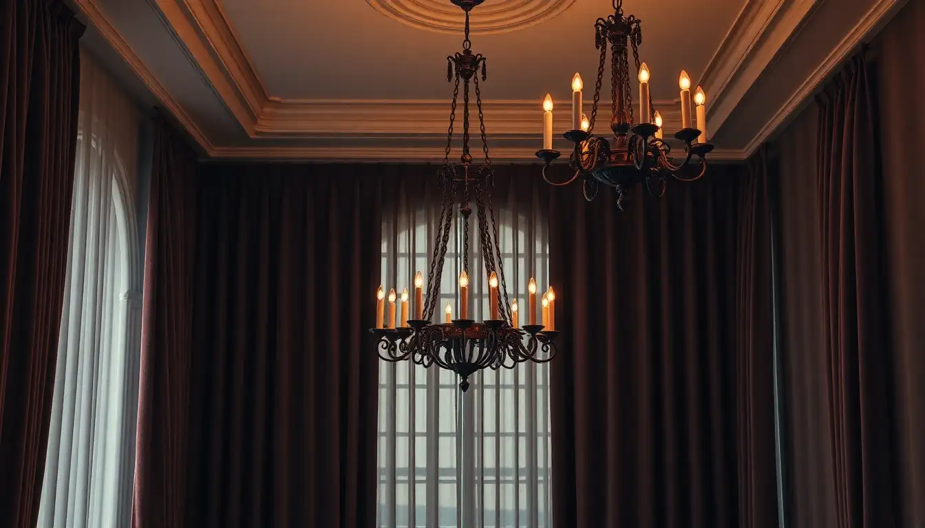 7 Irresistible Dark Academia Aesthetic Room Ideas for That Scholarly Vibe 4 Velvet curtains and a gothic chandelier with candles