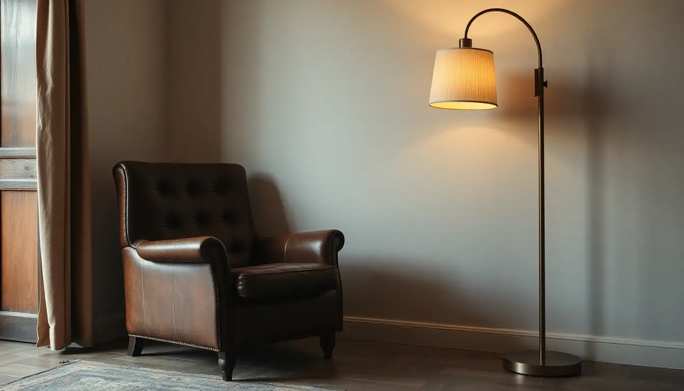 Vintage armchair and stylish floor lamp, cozy vintage room aesthetic