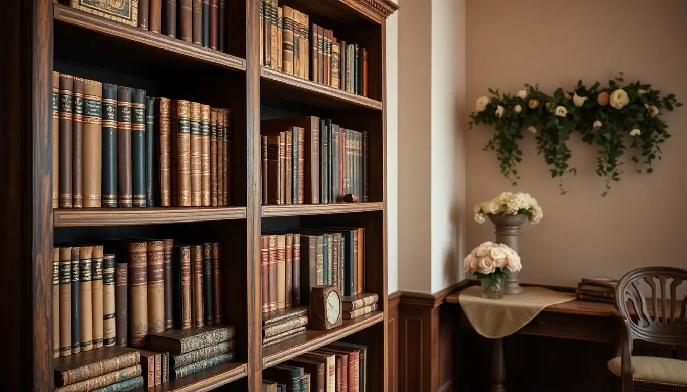 Vintage bookshelf with antique books and floral decorations