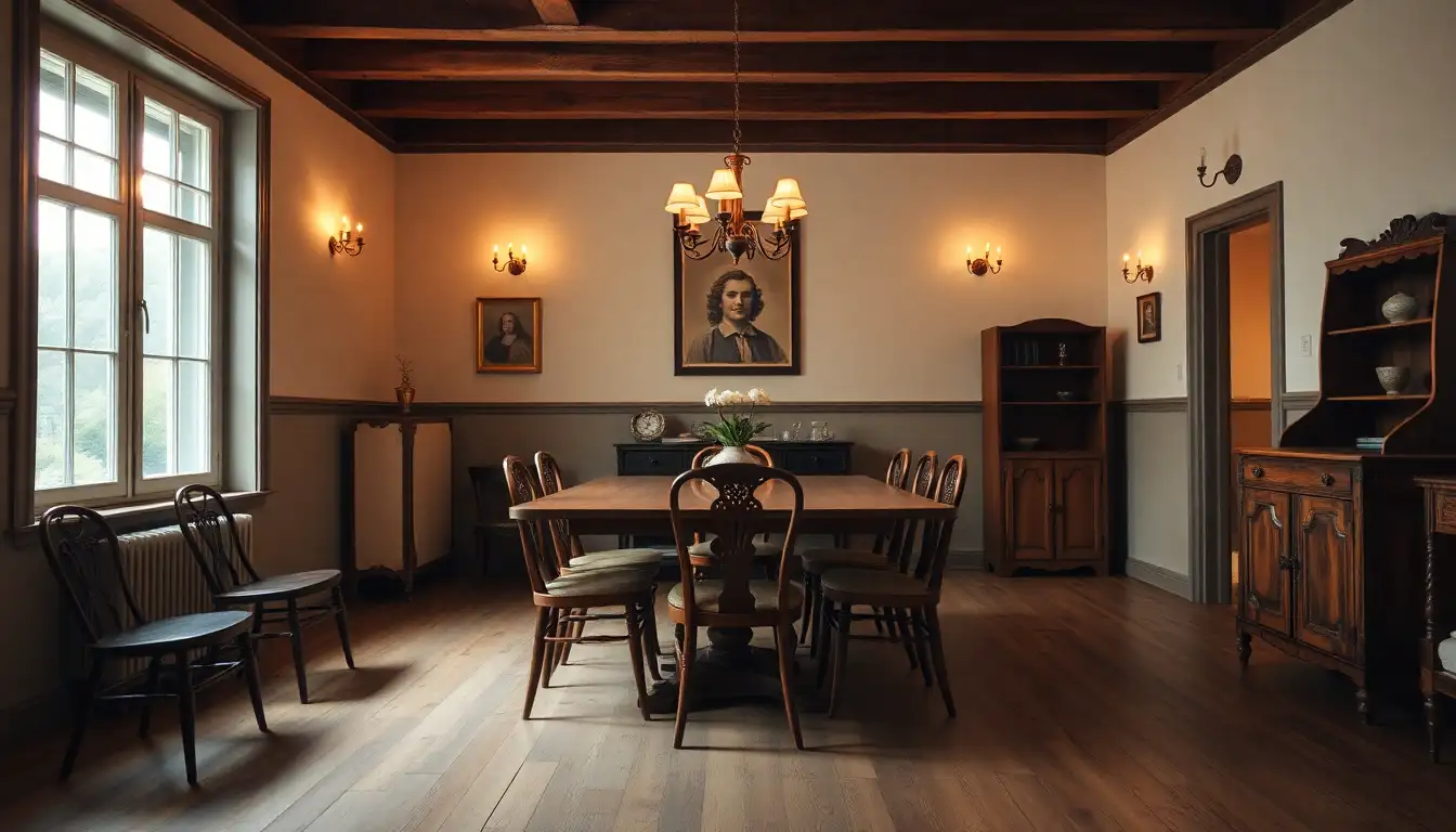Vintage dining area with antique table and mismatched chairs, vintage room aesthetic