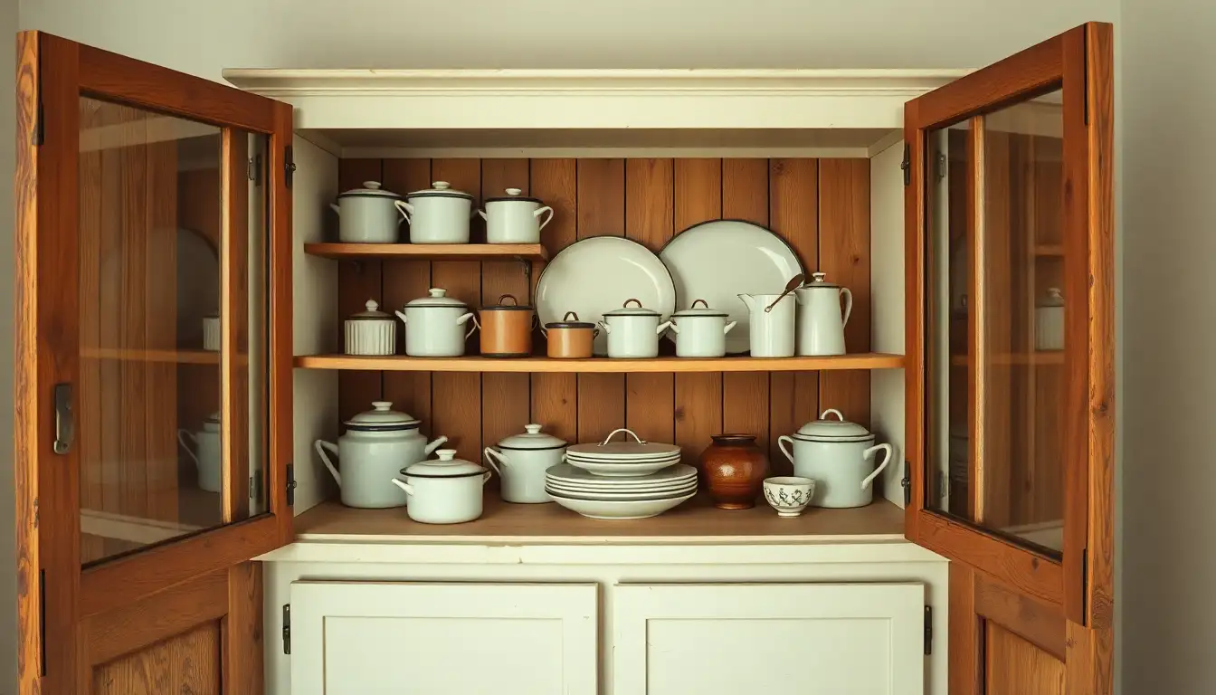 Vintage enamelware in rustic cabinet, vintage room aesthetic