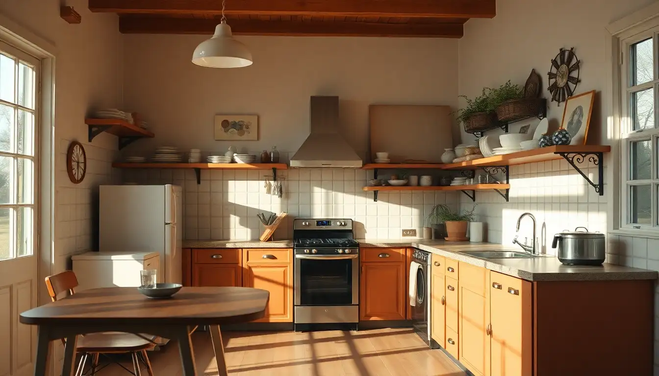 Vintage-inspired kitchen with open shelving, retro appliances, vintage room aesthetic