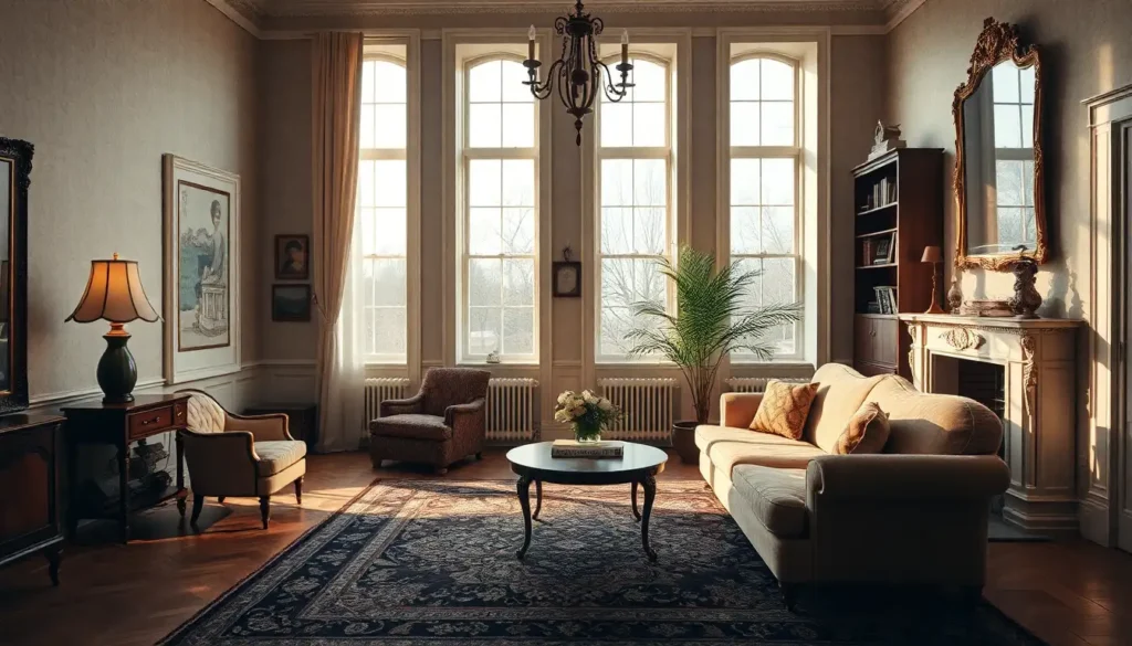 Vintage living room with velvet sofa and ornate rug, vintage room aesthetic