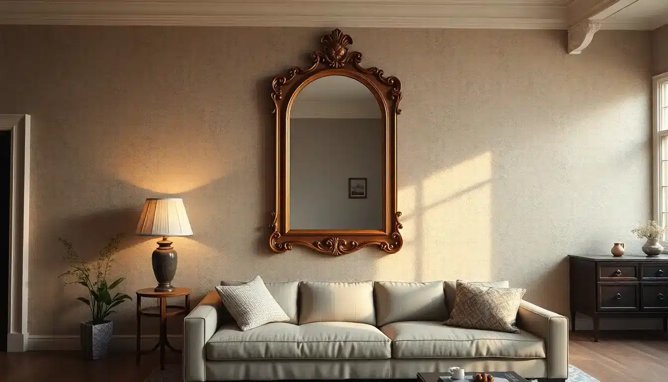 Vintage-themed living space with statement mirror, vintage room aesthetic