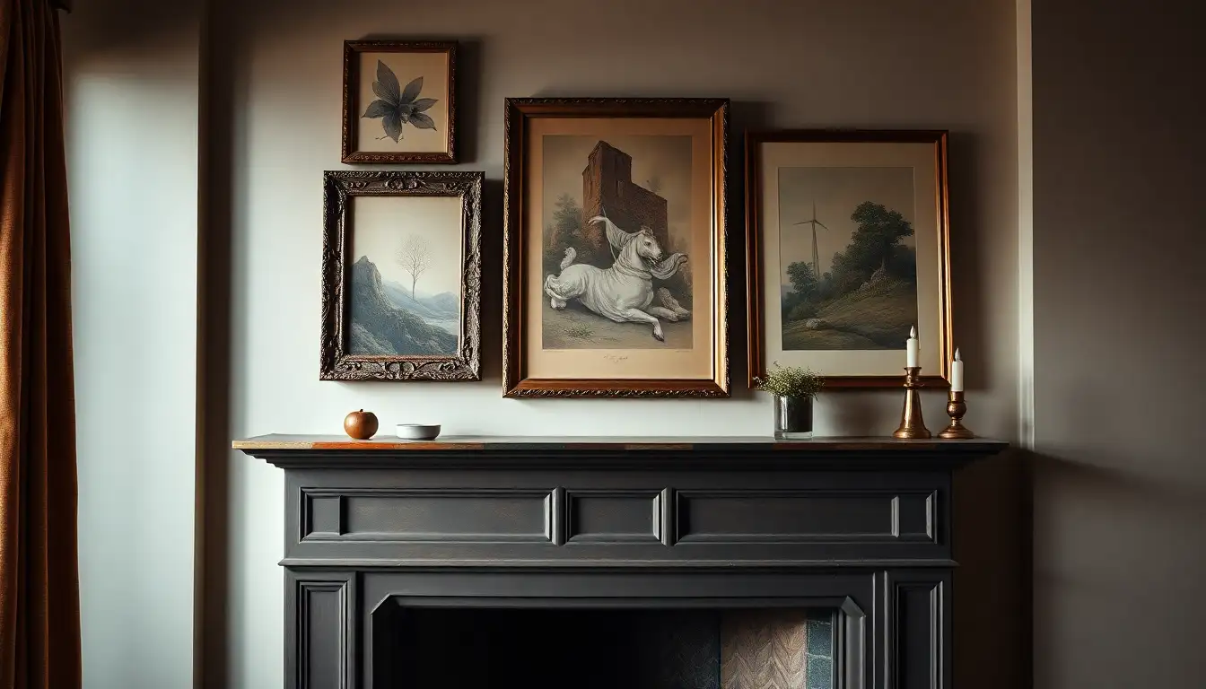 Vintage wall art above traditional fireplace, vintage room aesthetic