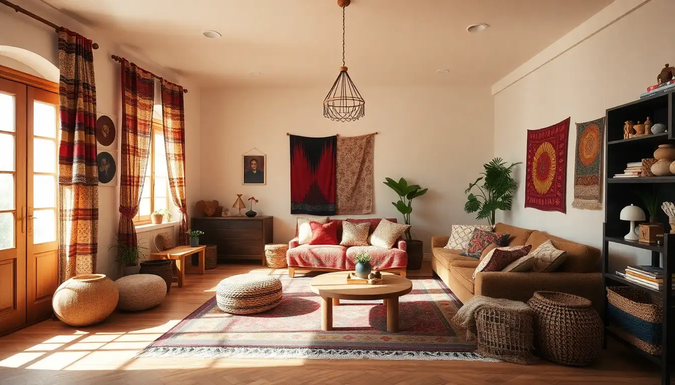 Warm boho room with mixed textiles and vibrant colors.
