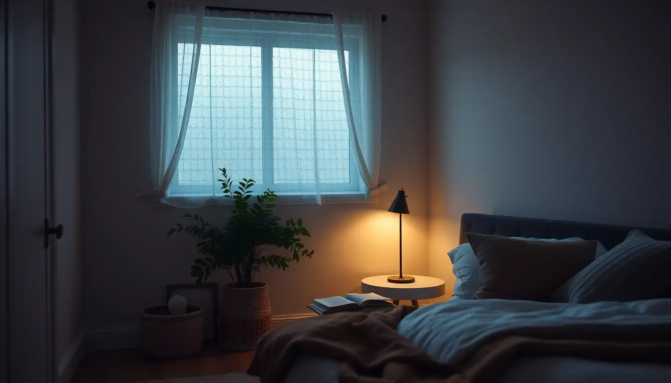 Warm mood lighting in a bedroom reading nook