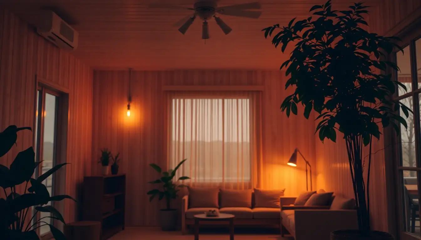 Warmly lit room with ambient lighting fixtures and natural elements