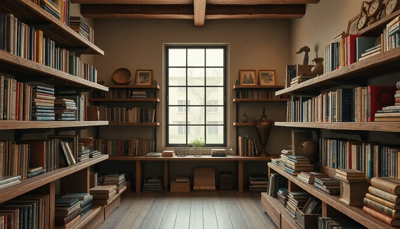 Wooden shelves with books and vintage decor