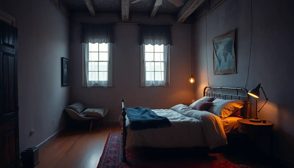 Y2K grunge bedroom with distressed metal bedframe and bold textiles