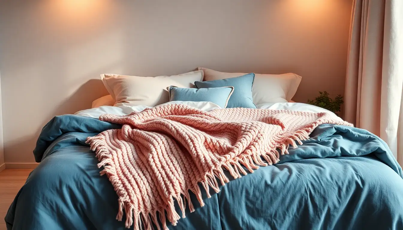 Layered Pink and Blue Bedding A bed piled with cozy blue and pink blankets and textured pillows.