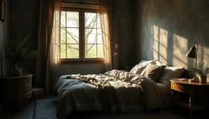 A bed with layered lace and linen in a fairy grunge bedroom with moss green walls