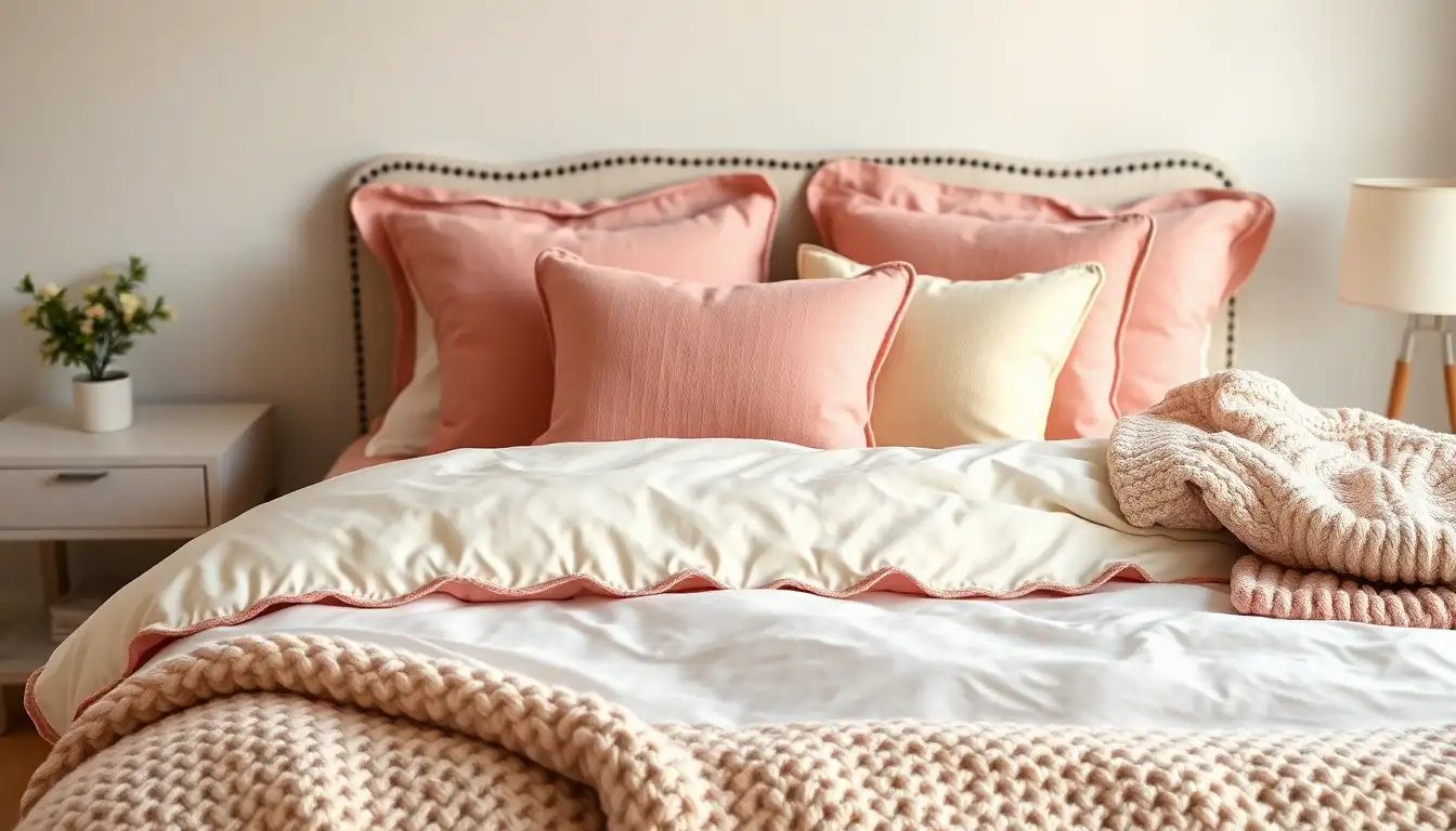 A bed with pink and cream layered bedding and a chunky knit blanket.