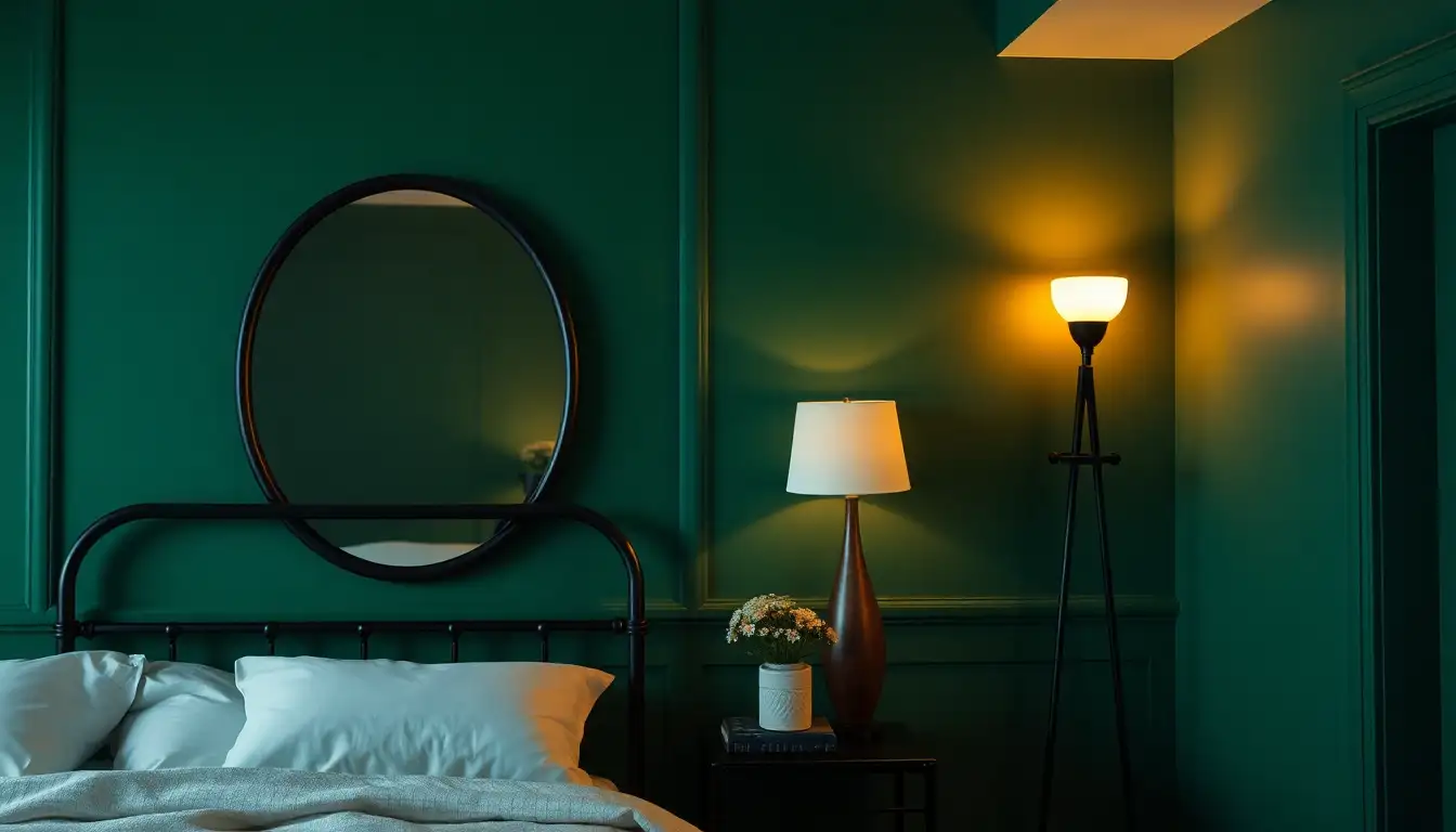 A bedroom corner featuring a dark green room aesthetic with a black mirror.