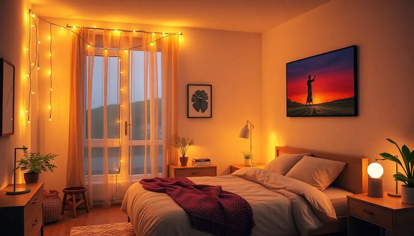 A bedroom corner lit with warm LED string lights and a sunset lamp.