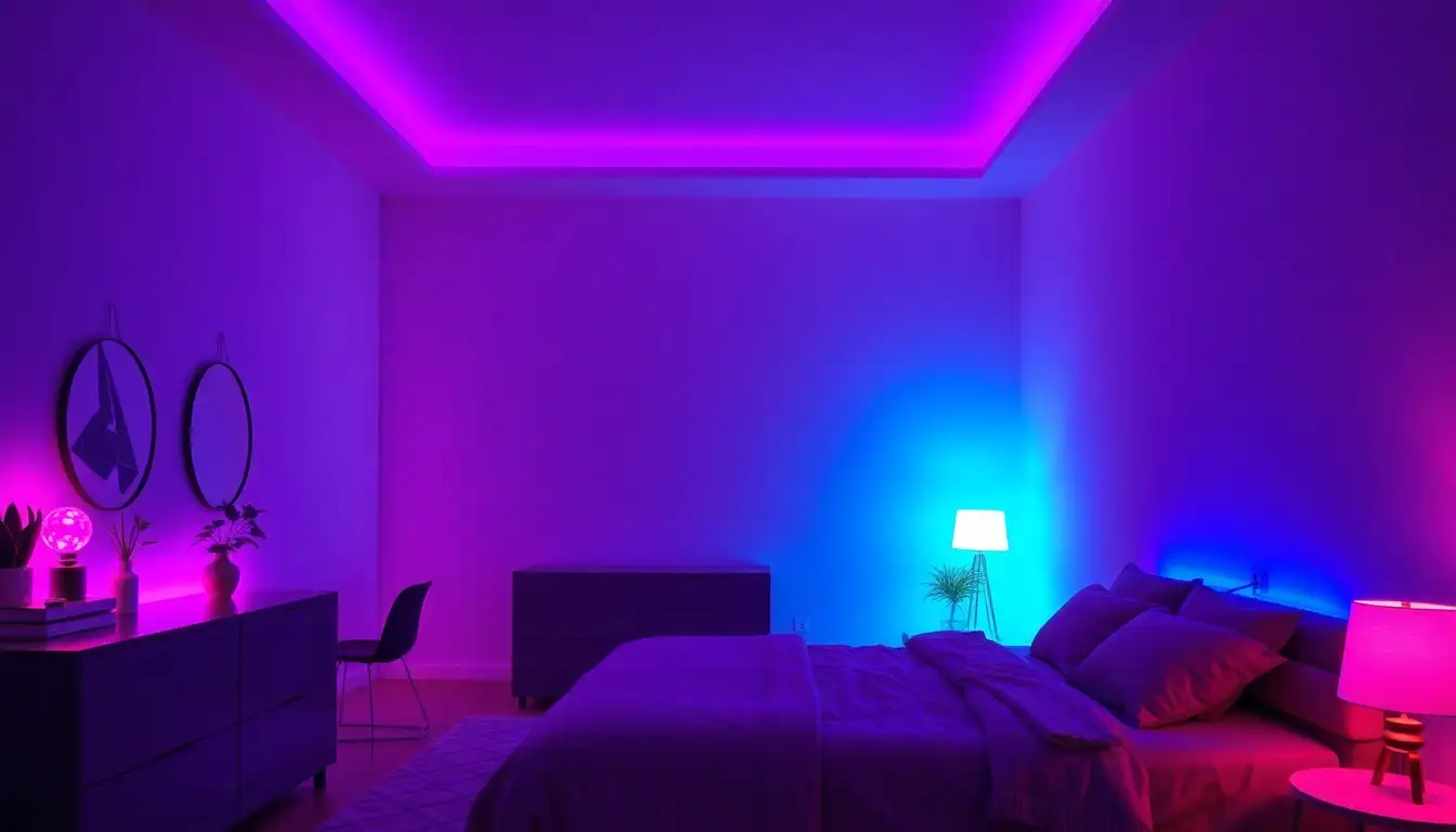 A bedroom corner with purple and blue glowing lights