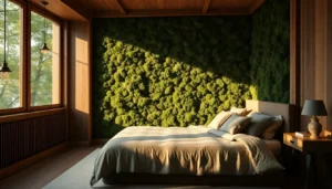 A bedroom wall covered in lush green preserved moss with wood trim.
