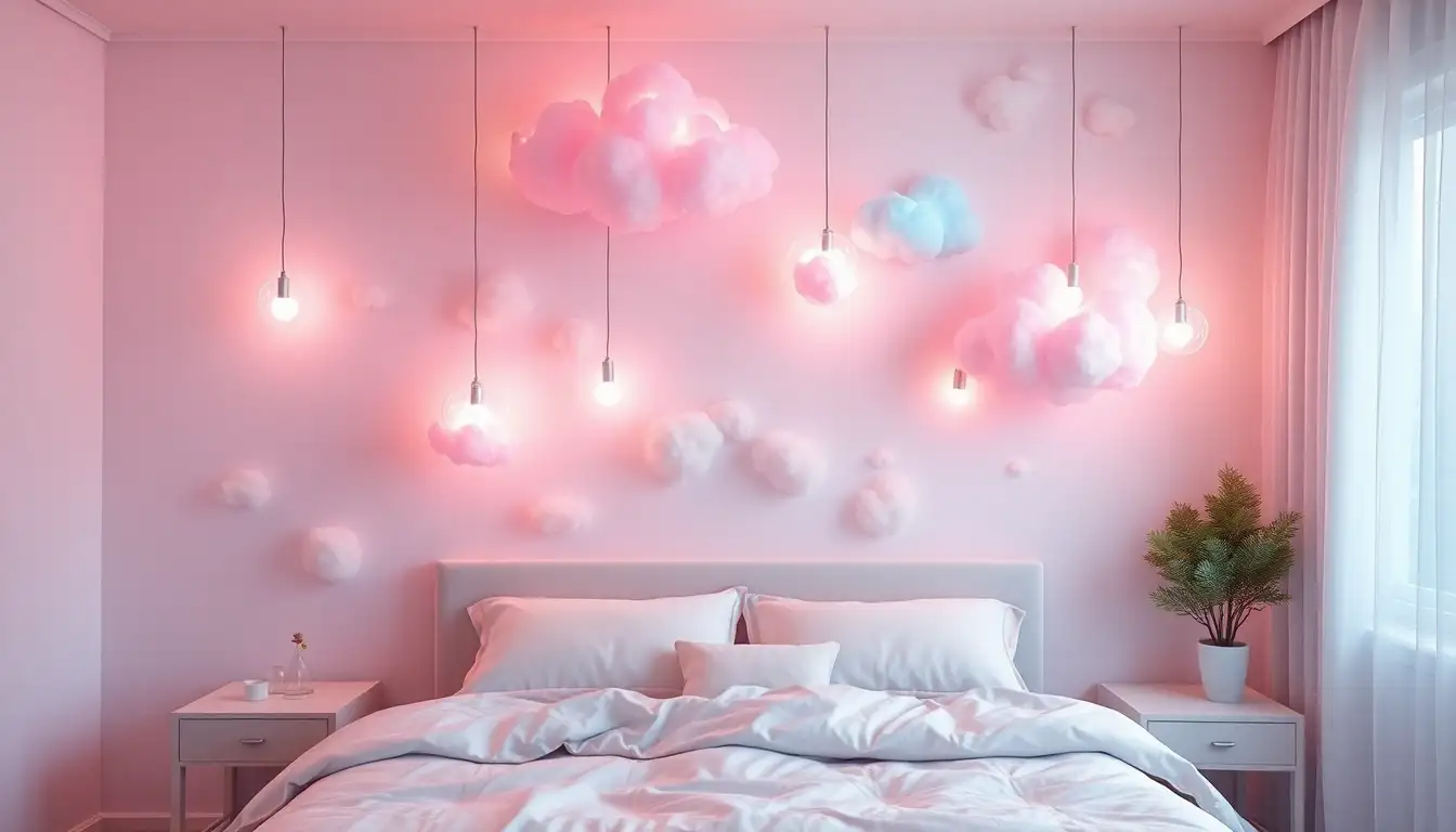 Cotton Candy Cloud Wall Decor A bedroom wall decorated with glowing pink and blue cloud lights for a dreamy look.