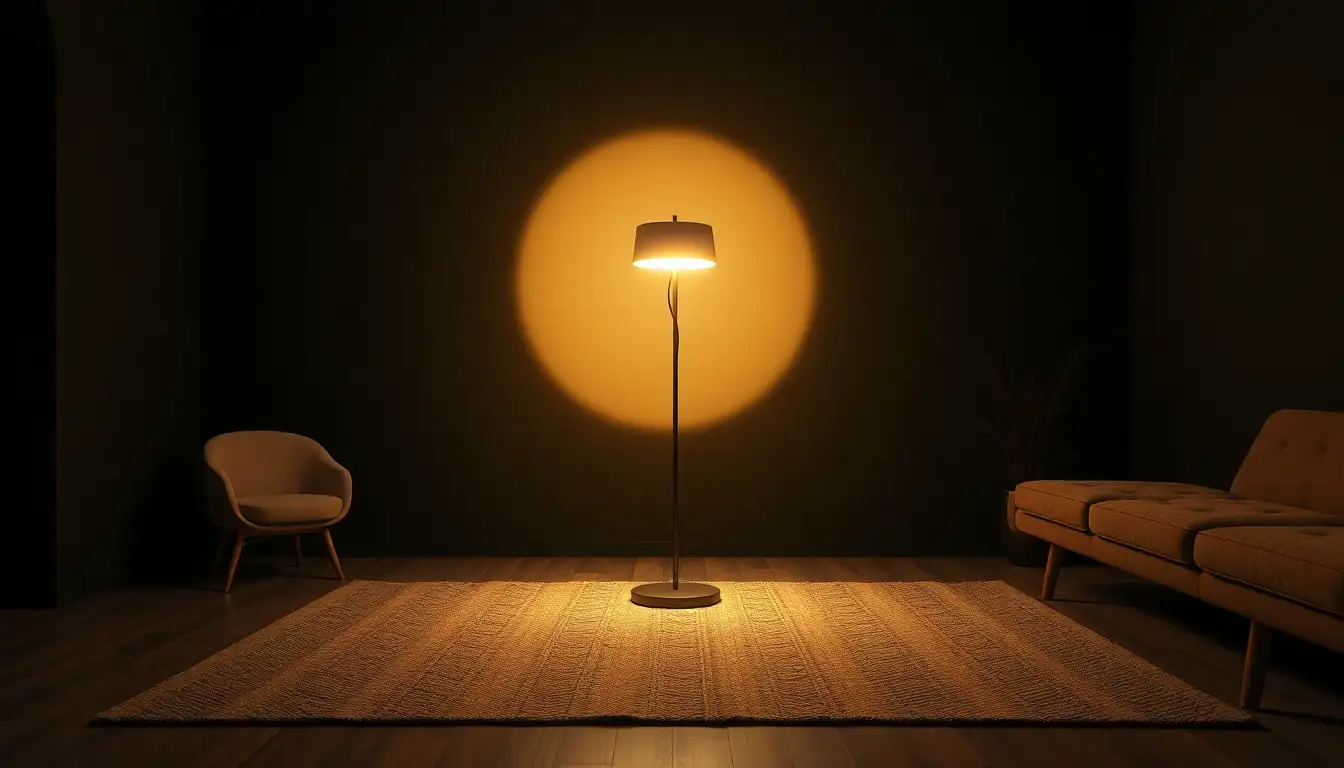 A black arc floor lamp lighting up a cozy corner of a room.
