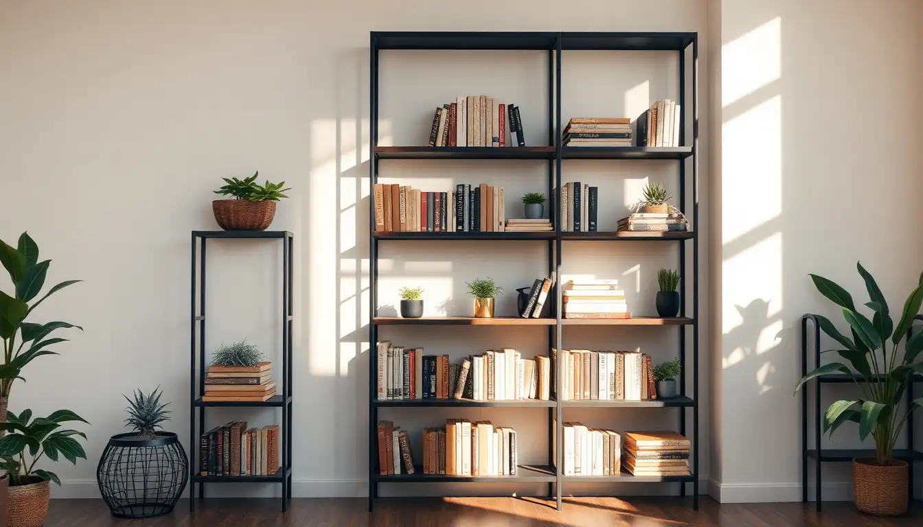 A black metal ladder bookcase styled with vintage books and small greenery.