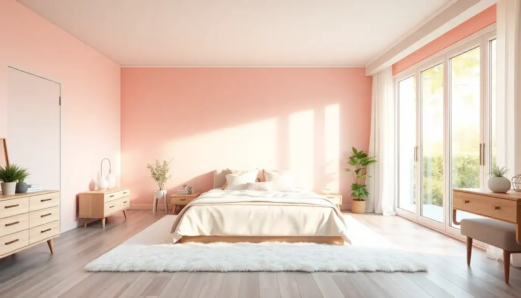 A bright bedroom featuring a soft pink and light blue color scheme with a white rug and morning light.