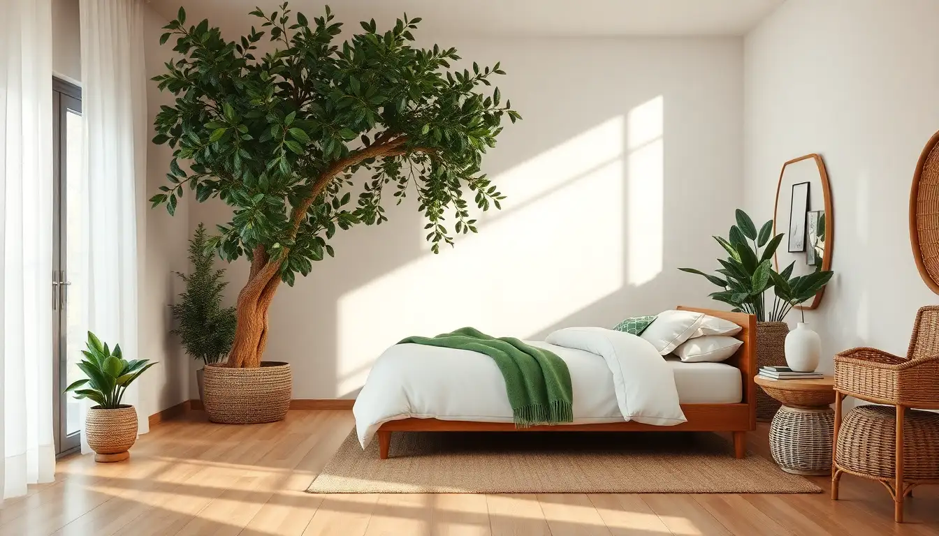 Urban Jungle Aesthetic Room A bright bedroom filled with green plants and natural rattan decor for a jungle look.