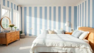 A bright preppy bedroom with blue stripes and white bedding.