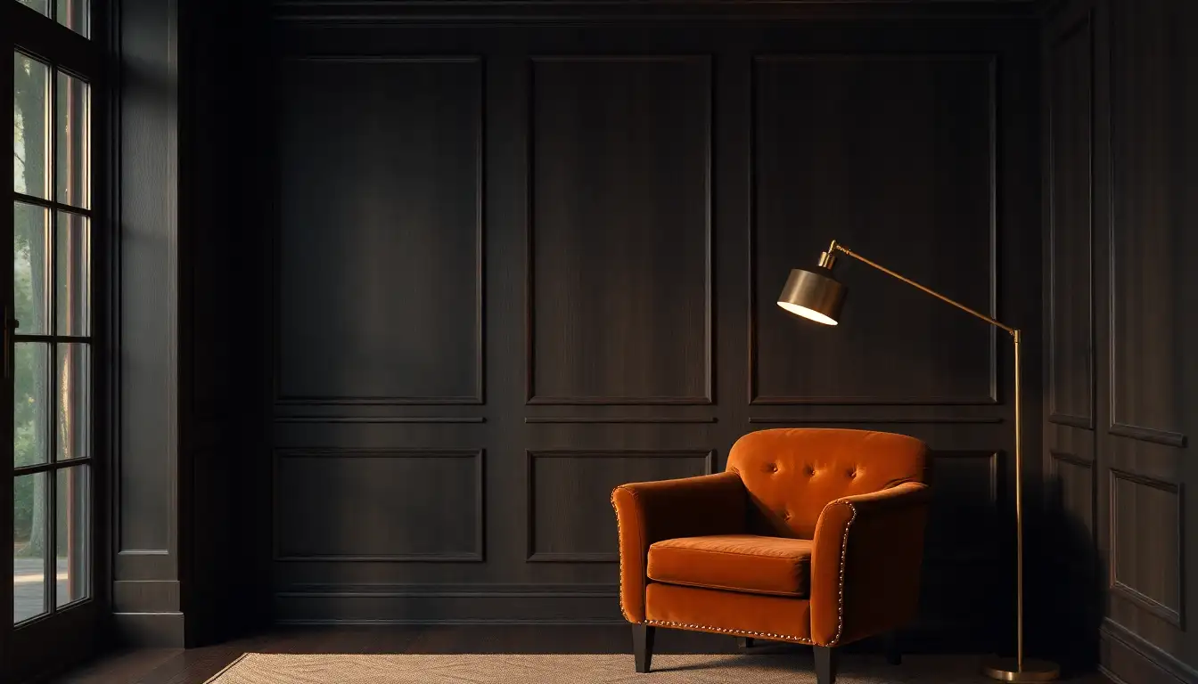 Chocolate Velvet Accent A brown velvet accent chair in a moody corner with brass lighting