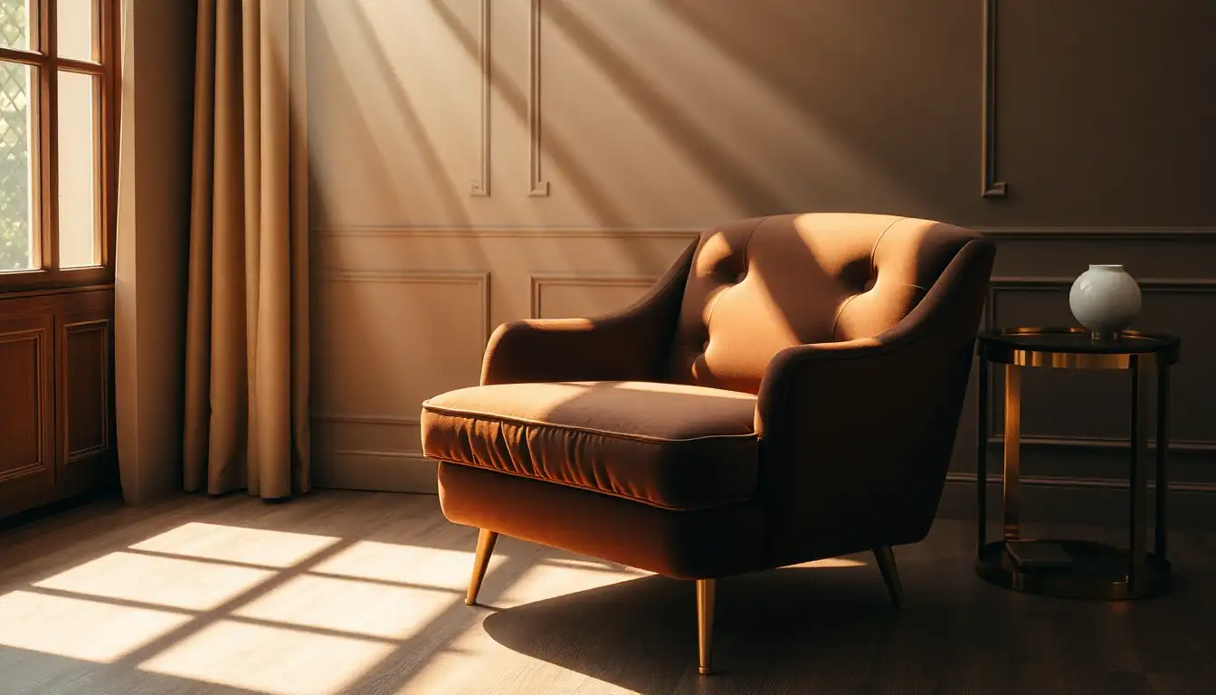 A brown velvet chair in a sunny bedroom nook