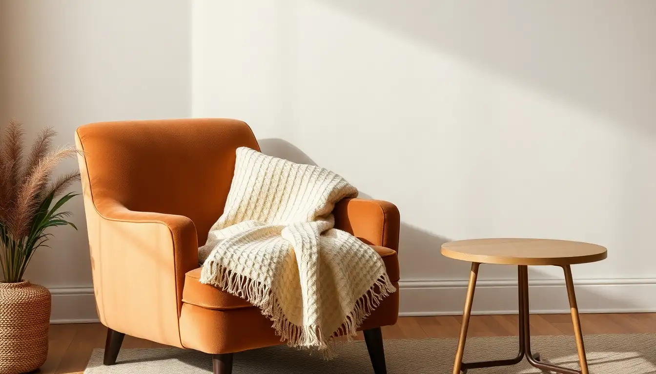 A brown velvet chair with a cream waffle throw blanket.