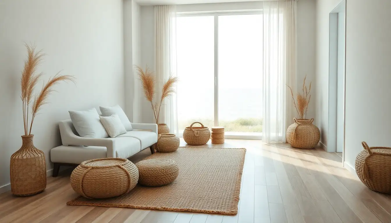 Coastal Zen Living Space A calm room with a woven rug and blue accents that look like the beach.