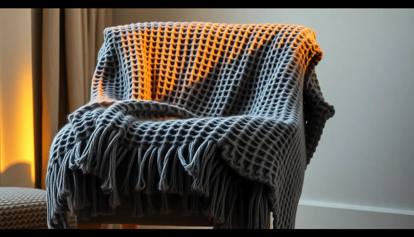 A charcoal waffle knit blanket on a wooden chair