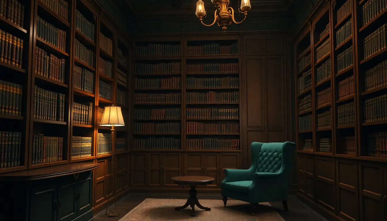 Dark Academia Interior Style A classic study room with dark wood shelves and a comfortable brown velvet chair.