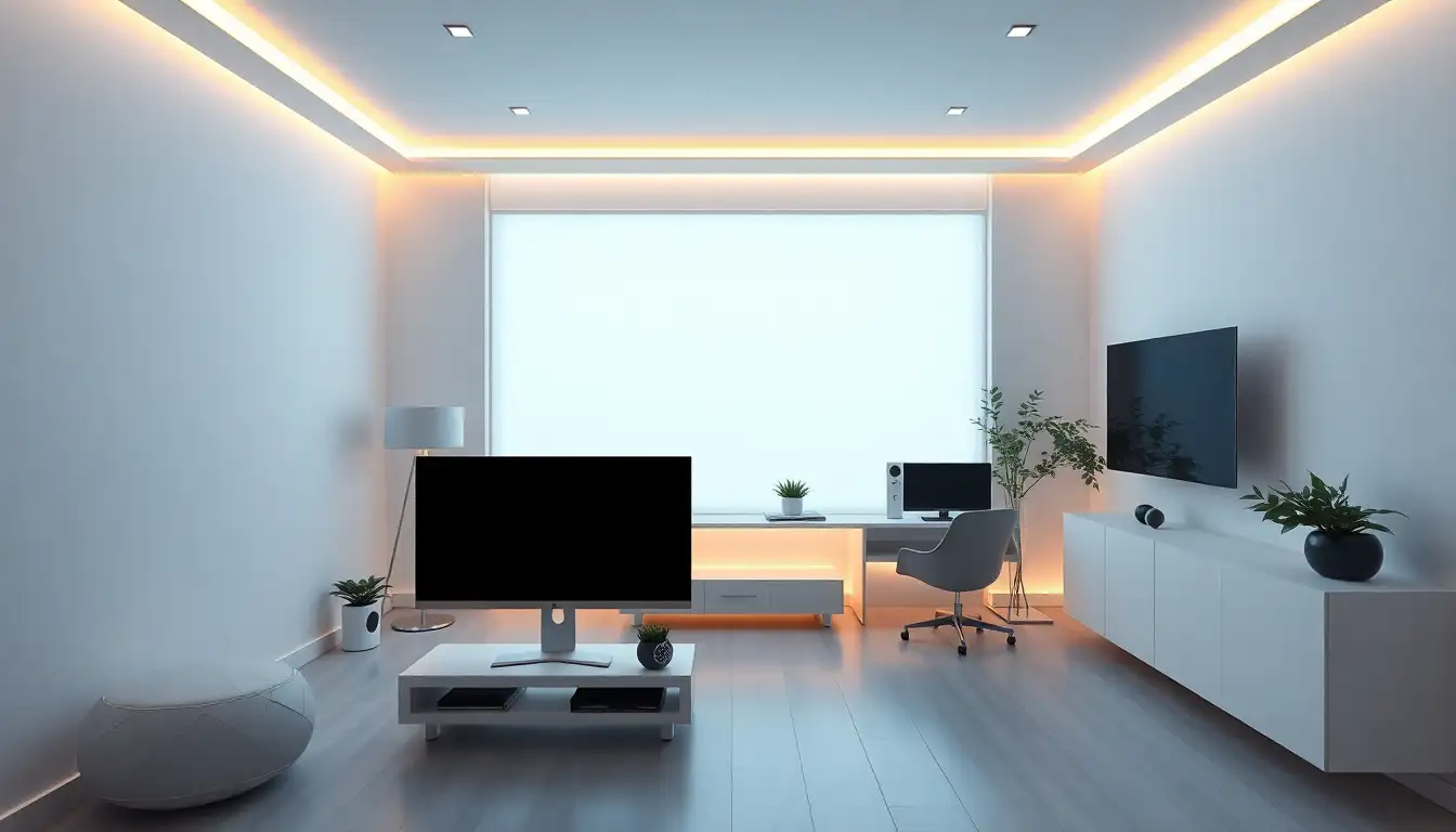 High Tech Smart Room A clean tech-focused desk setup with a monitor riser and smart home gadgets.