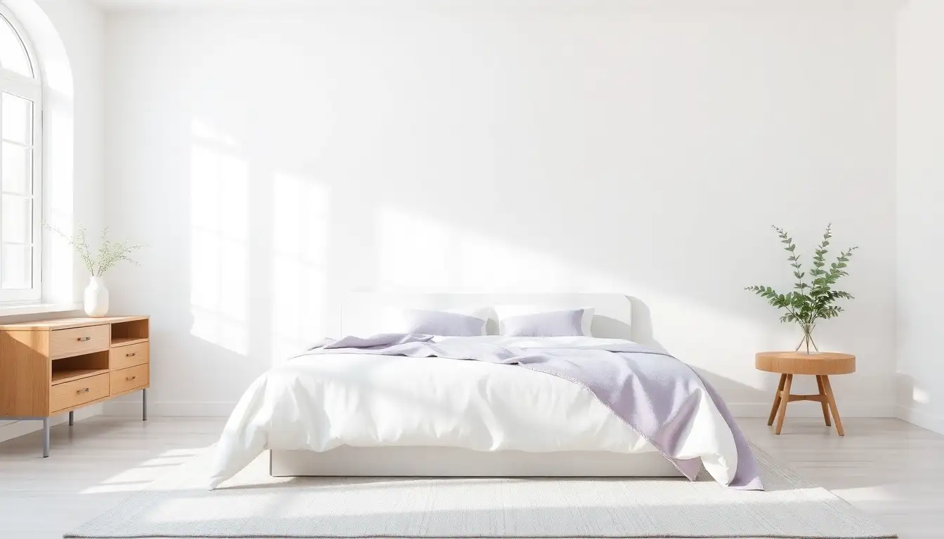 A clean white bedroom with a few purple pillows and a thin lavender throw blanket.