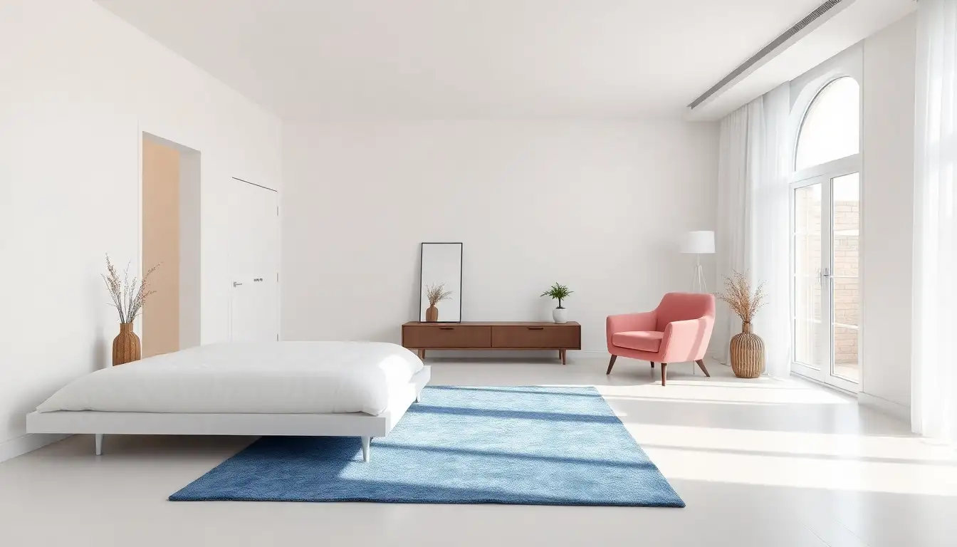 Minimalist Pink and Blue Style A clean white room with a large blue area rug and a single pink chair.
