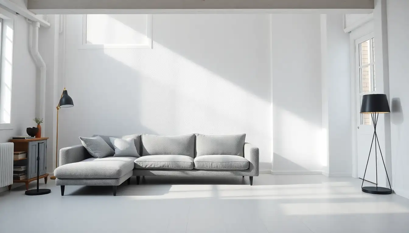 Scandi Loft Inspiration A clean white Scandinavian loft with a grey sofa and black lamp.