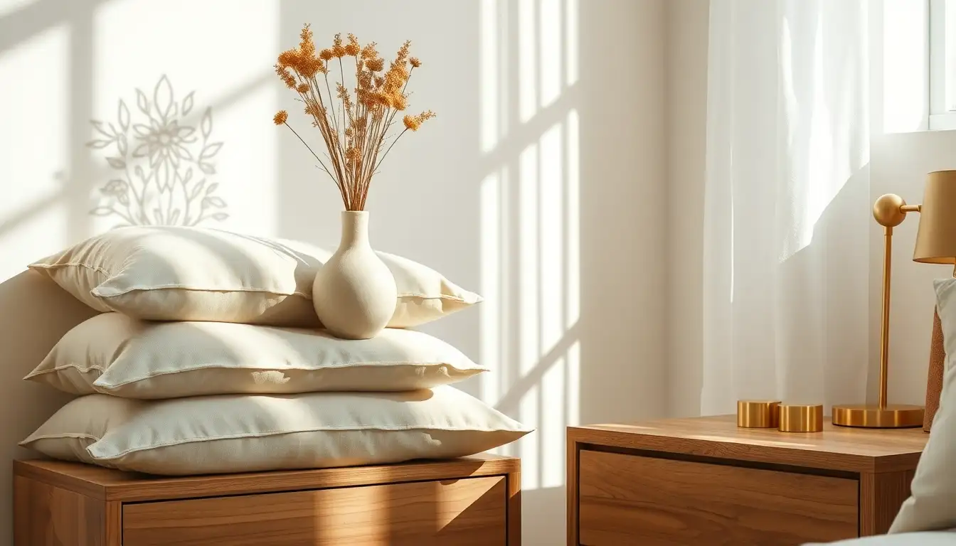 A close-up of cute room decor items like linen pillows and a ceramic vase.