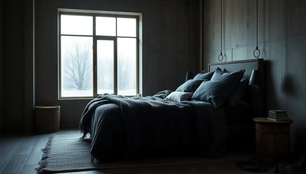A close up of layered charcoal bedding and frayed linen textures in a grunge bedroom.